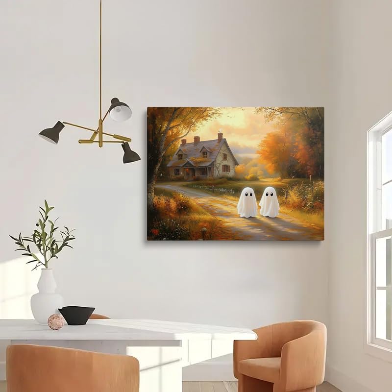 Halloween Ghost Wall Art Canvas 12x16 Inches Spooky Rustic Decor with Gold Accents