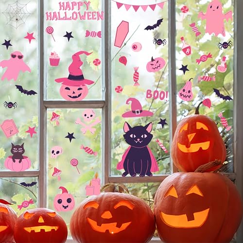 Pink Halloween Window Stickers - 9 Sheets Cute Pumpkin Ghost Bat Web Decorations