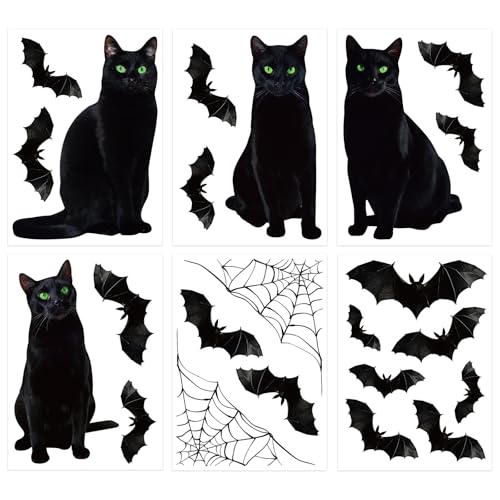 Halloween Window Clings Decor Set - 6 Sheets with Black Cats Bats Spider Webs