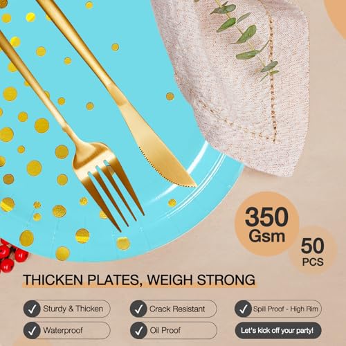 Blue Gold Paper Plates for Party 7-Inch Disposables with Gold Dot Design - 50pcs Blue Light Variation