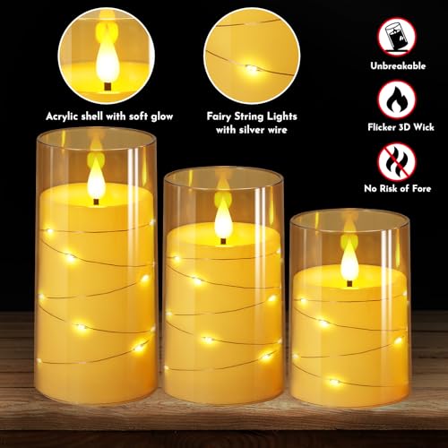 Flickering Flameless Candles with Star String Lights - 3 Pack Gold 4-5-6 Inch