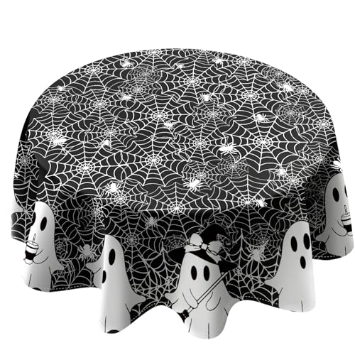 Black 70-Inch Halloween Round Tablecloth Spooky Ghost Spider Web Washable