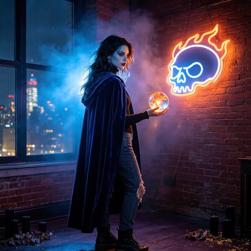 Halloween Neon Sign - Burning Skull with Flame Style B - USB Powered, Dimmable, Easy Mounting