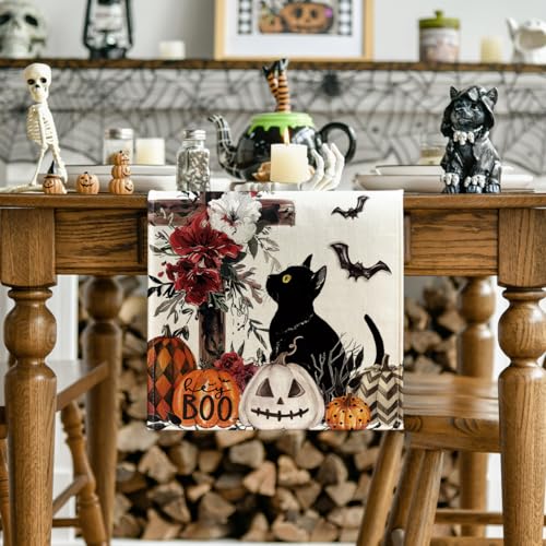 Halloween Jack-O'-Lantern Pumpkin Cross Black Cat Table Runner - 13 x 108 Inch Beige