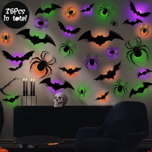 Halloween Bat Spider Wall Decor with LED Lights - 36 Pack