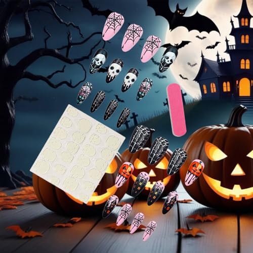 Halloween 36 Press-On Nails Spider Web Skeleton Skull Medium Almond Fake Nails Set - Pink