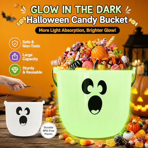 Glow in the Dark Halloween Candy Bucket with Handle, Ghost Face Pumpkin Basket, 7.8 Inches