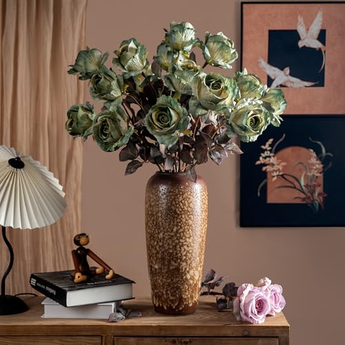 Artificial Roses Fake Flowers 20PCS Long Stem Silk Roses for Vase Green - Autumn Decor