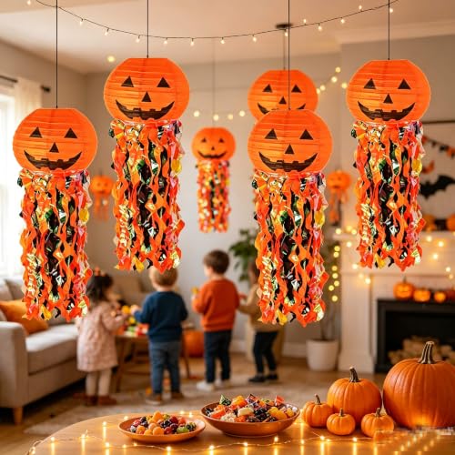 Orange Halloween Pumpkin Hanging Paper Lanterns Set - 12 Pieces Party Decor