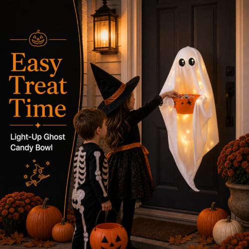 VZQI Halloween Ghost Candy Bowl White Hanging Candy Holder with 8 Light Modes