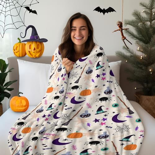 Halloween Fuzzy Fleece Throw Blanket with Spooky Pumpkin Bat Ghost Black Cat Print - White Spider Web, 50x60 Inches