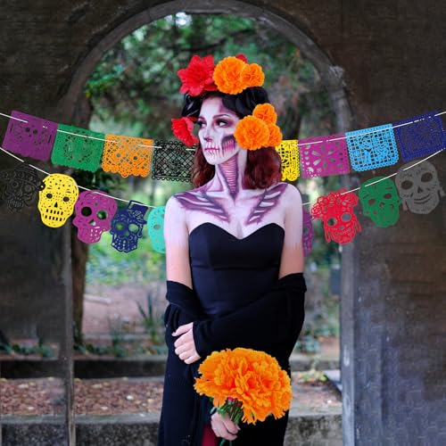 Dia De Los Muertos Decorations Ofrenda Set with Marigold Flowers & Papel Picado Banner