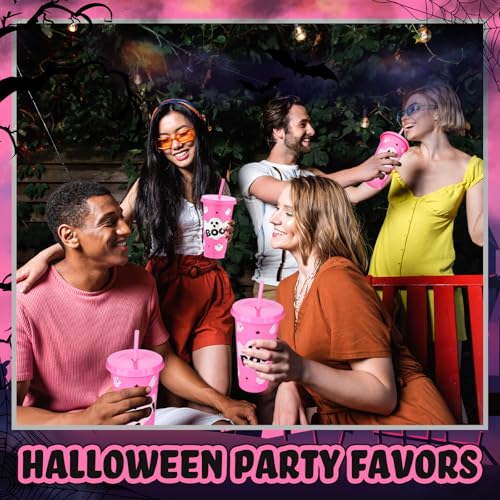 Pink Halloween Ghost Plastic Cups with Lids & Straws - 24 oz, Set of 12