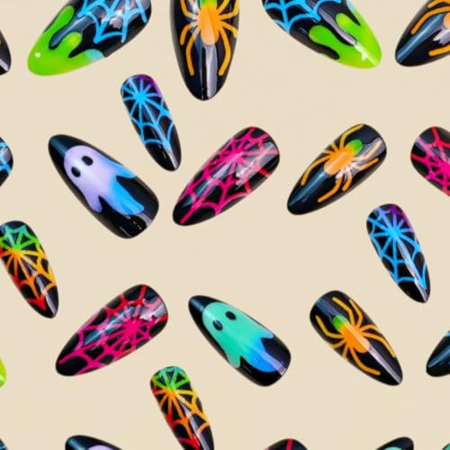 Halloween Press On Nails Medium Almond Style27 Colorful Ghost & Spider Web Design