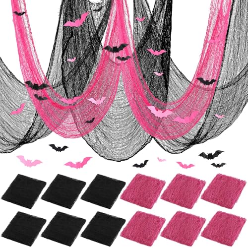 Pink Black Creepy Gauze Decor Spider Web Set with Bats for Halloween - 12 Pieces (Variation of THIS listing)
