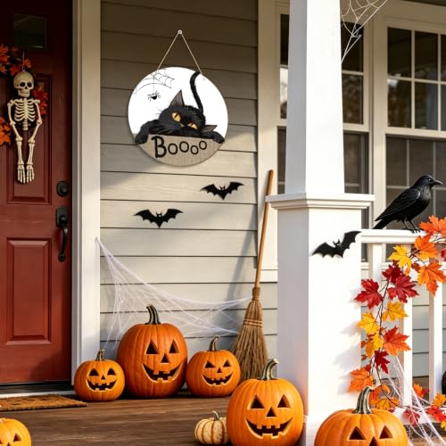 Halloween Black Cat Door Sign Decorations - Spooky Welcome Wreath for Front Door & Wall