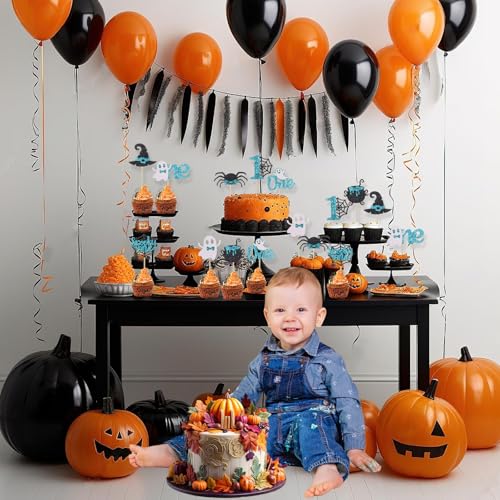 Halloween Spooky First Birthday Cupcake Toppers - Blue, Glitter, 48Pcs