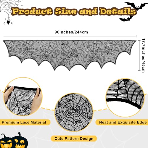 Spidernet Black Lace Spiderweb Fireplace Mantel Scarf - Halloween Decor 96x18 Inch