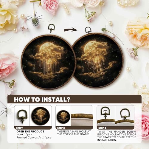 Dark Academia Moon Wall Art Decor - 10x10 Inch Round Canvas with Golden Moon & Cloud Design
