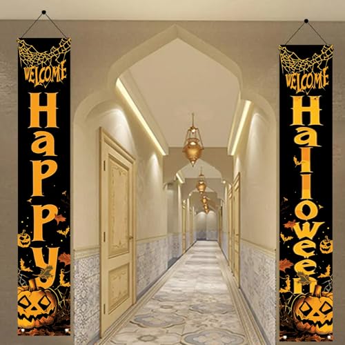 Halloween Porch Banner Set - Pumpkins and Bats Welcome Yard Decor, 2 Pack