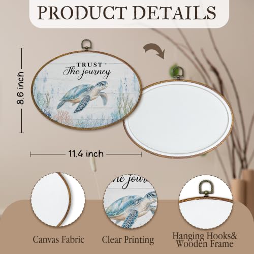 Coastal Sea Turtle Oval Wall Art Decor - 11.4x8.6 Inches, Ready to Hang