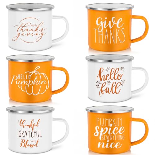 Autumn Harvest 12oz Enamel Camping Coffee Mugs Set - Hello Fall Pumpkin Spice - 6 Styles