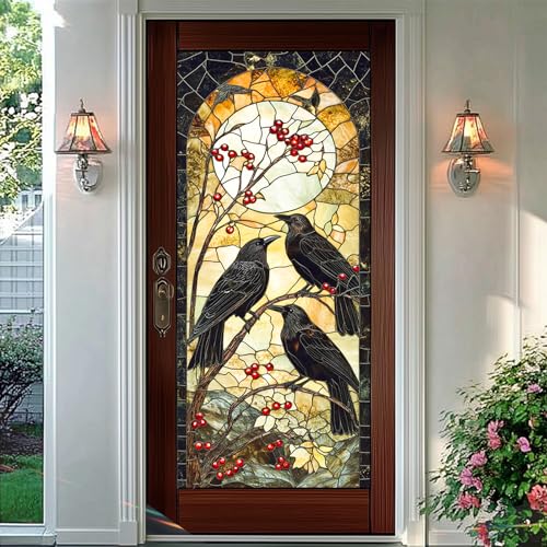 Autumn Window Cling with Black Crows and Red Berries - Halloween & Fall Decor 18x39 PVC