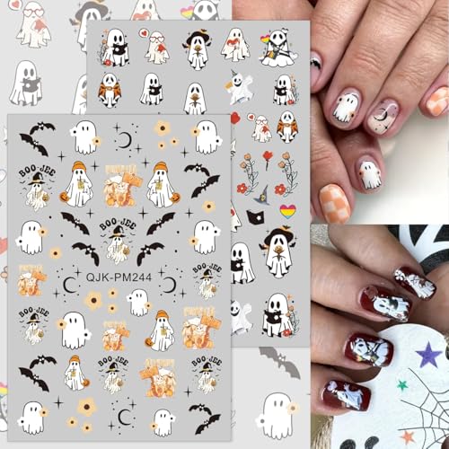 Halloween Nail Art Stickers - 3D Pumpkin Ghost Spider Web Bats Decals, Self-Adhesive, 8 Sheets - Halloween Edition