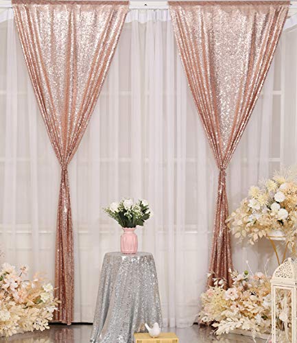 Rose Gold Sequin Tablecloth 50x72 Inch & Backdrop Curtains 2 Pack for Events