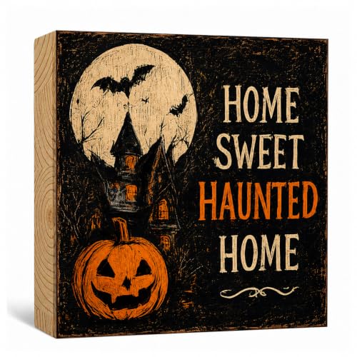 Home Sweet Haunted Home Halloween Wooden Sign - Rustic 5x5 Inch Decor for Tiered Tray, Mantel & Gift