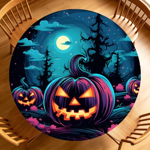 50-Inch Glowing Pumpkin Fitted Waterproof Round Tablecloth for Halloween Parties