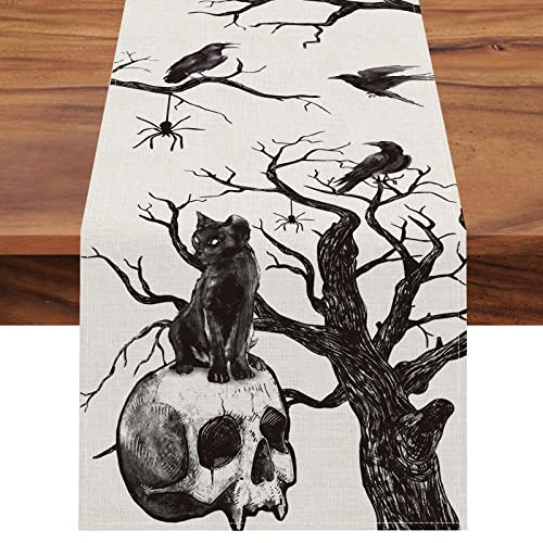 Halloween Table Runner 13x72 Inch Gothic Skull Black Cat Crow Silhouette Tree Decor