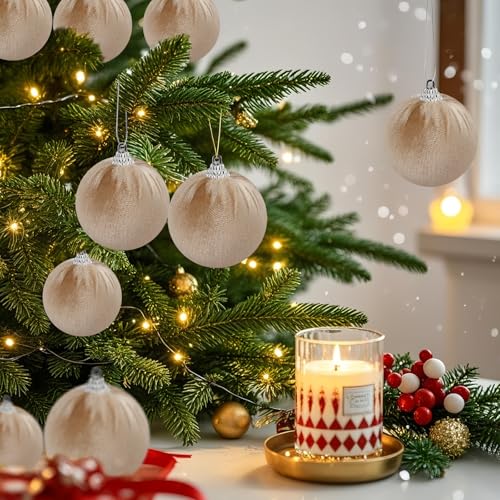 15pcs Champagne Velvet Christmas Ball Ornaments - Small Holiday Tree Decorations
