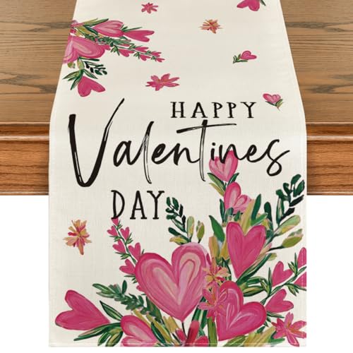 Pink Heart Shaped Flowers Table Runner 13x48 Inch for Wedding & Party Decor