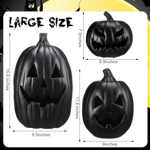 Black Halloween Jack O Lantern Decoration Set with LED Lights - 3 Pcs