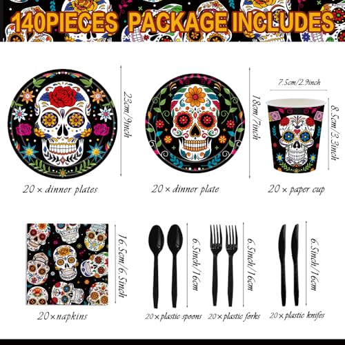 140-Piece Day of the Dead Party Supplies Set for 20 Guests - Sugar Skull Plates Napkins Cups Cutlery