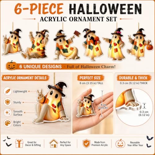 Halloween Ghost Hanging Ornaments Set - 6 Acrylic Patchwork Tree Decorations - Ghost-a-1233