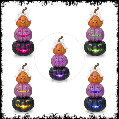 Fall Halloween LED Jack O' Lantern Pumpkin 3-Tier Resin Decor with Bow