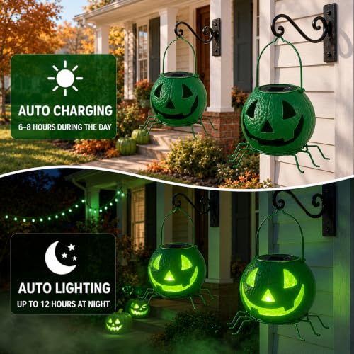 Solar Pumpkin Decor Light - Green Flickering Jack O Lantern with Spider Legs - D-Green Pumpkin Variation