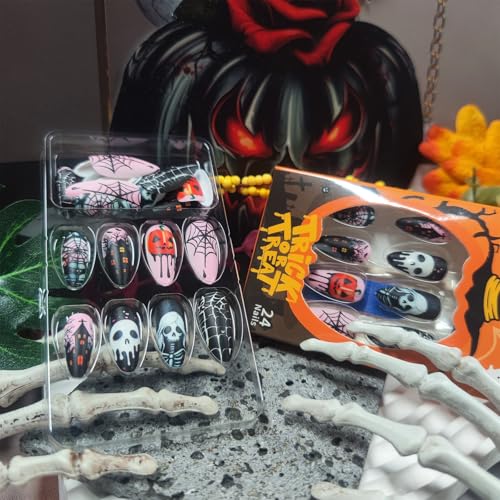 Halloween 36 Press-On Nails Spider Web Skeleton Skull Medium Almond Fake Nails Set - Pink