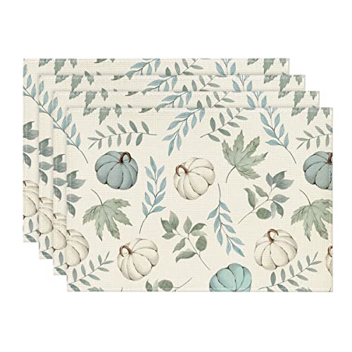 Blue Maple Leaf Fall Placemats Set of 4 - 12x18 Inch Autumn Table Decor, Rectangular, Beige & Blue