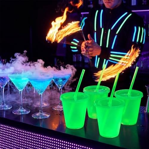 Glow in the Dark Halloween Cups - 15 Pack 12 oz Fluorescent Green Drinkware with Lids & Straws