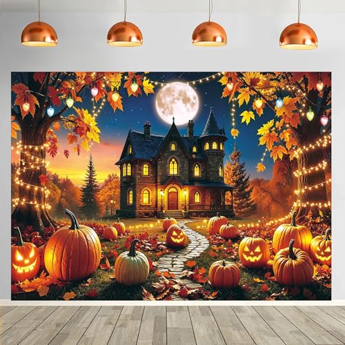 Halloween Fall Backdrop 82x59 Inch Haunted House Pumpkin Full Moon Banner