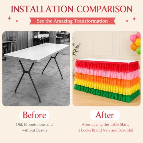 Pastel Rainbow Tulle Table Skirt 5-Layer Chiffon Ruffle 6FT 9FT for Rectangle & Round Tables