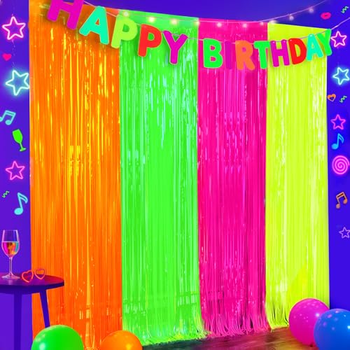 Glow in The Dark Neon Party Supplies - 4-Pack Fluorescent Curtain Set - Orange, Green, Yellow, Pink