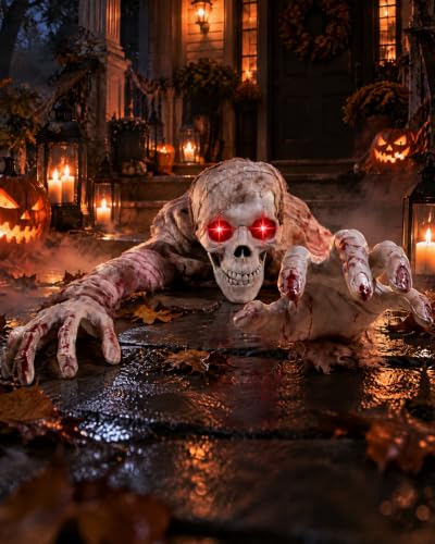 Crawling Zombie Animatronic Halloween Decoration with Light-Up Red Eyes & Sound