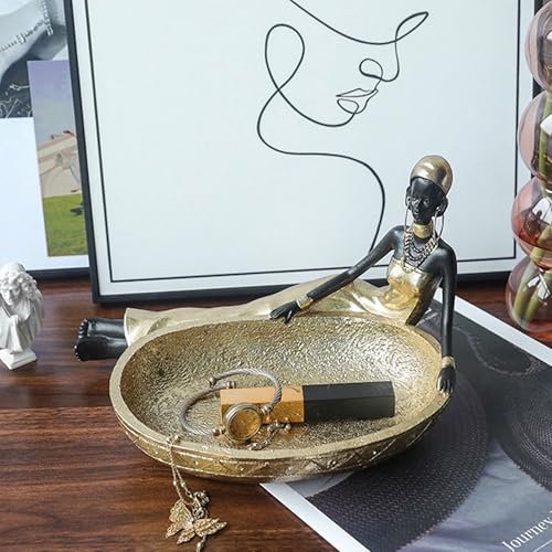 African Tribal Lady Jewelry Dish Tray - Gold & Black Handmade Home Decor