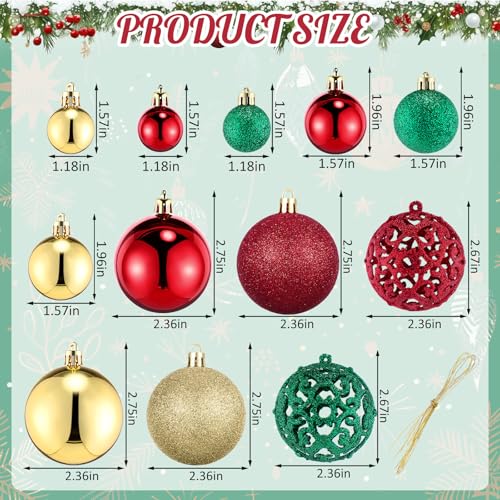 Christmas Ball Ornaments Set - 100 Assorted Gold Red Green Baubles with 3 Sizes & Styles
