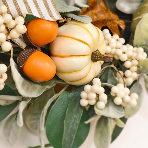 20-Inch Fall Wreath with Lights - Eucalyptus Pumpkins Autumn Decor