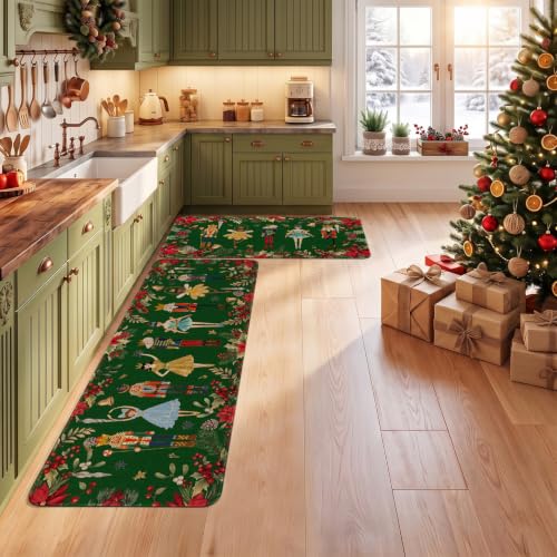 Nutcracker Green Christmas Kitchen Rugs Set of 2 - Door Mat & Runner, Holiday Home Decor